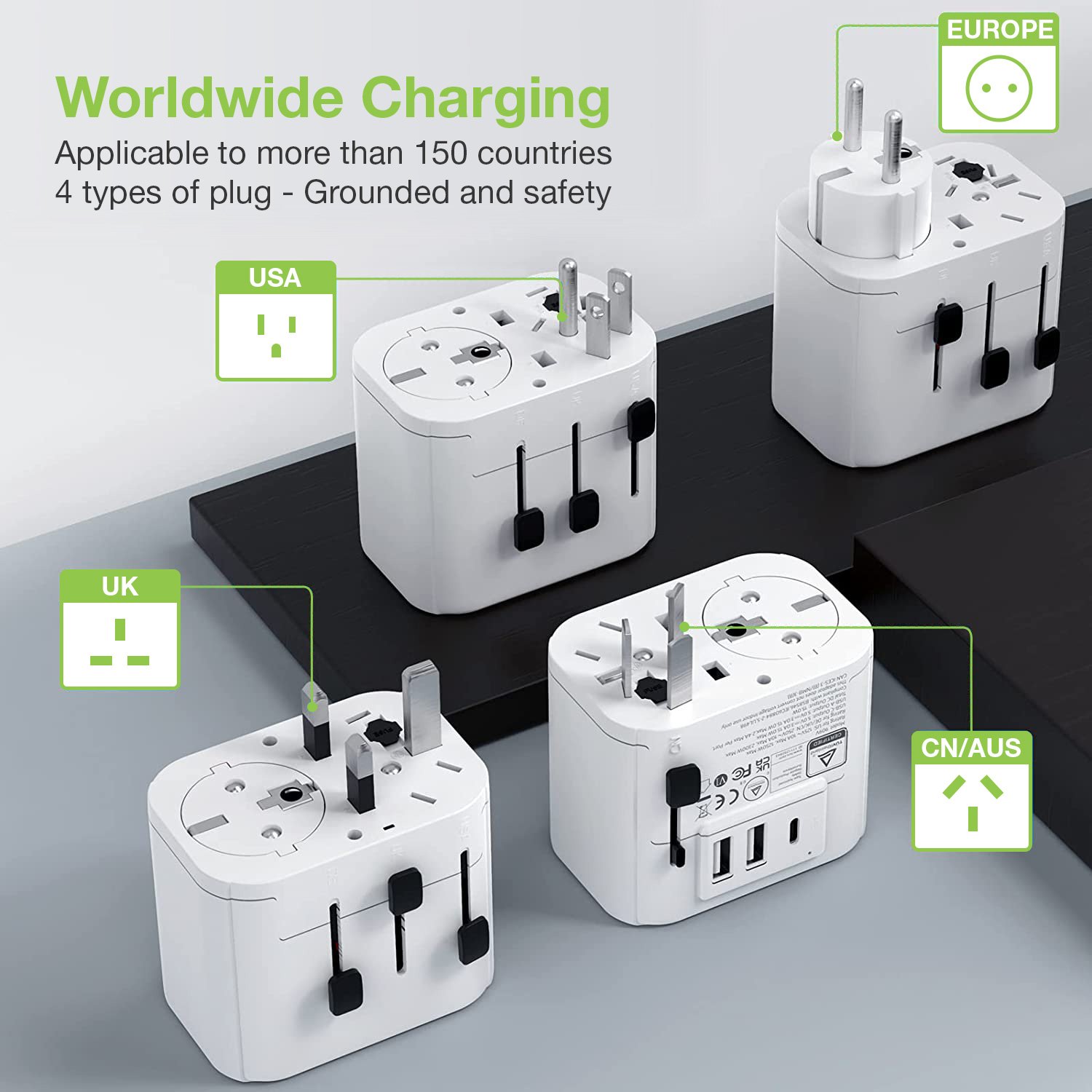 Adattatore da Viaggio Universale 150 Paesi 2 porte USB-A e 1 porta USB-C™ Bianco - immagine 7