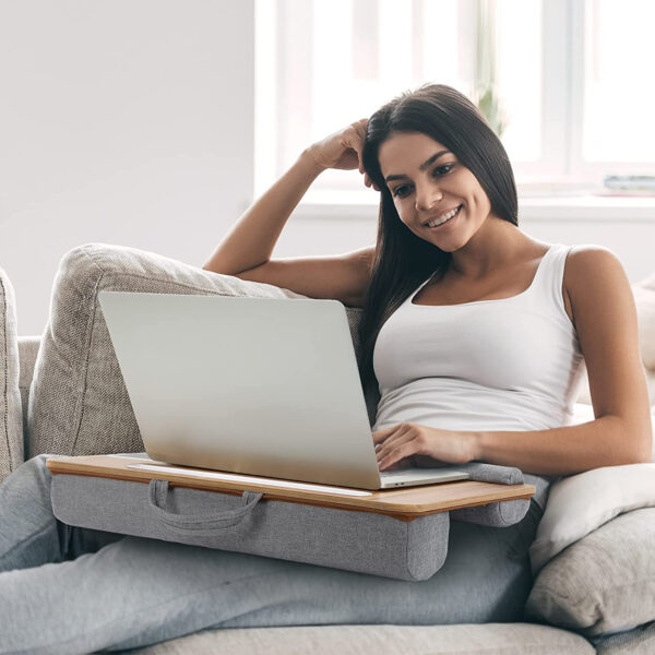 Scrivania Portatile per Laptop Supporto Bambù con Base Imbottita e Stand per Tablet - immagine 8