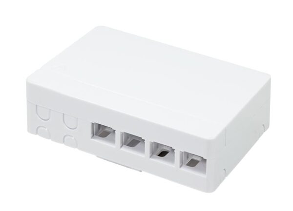 Scatola di connessione indoor FTTH per 4 fibre, 4 adattatori, per guida DIN