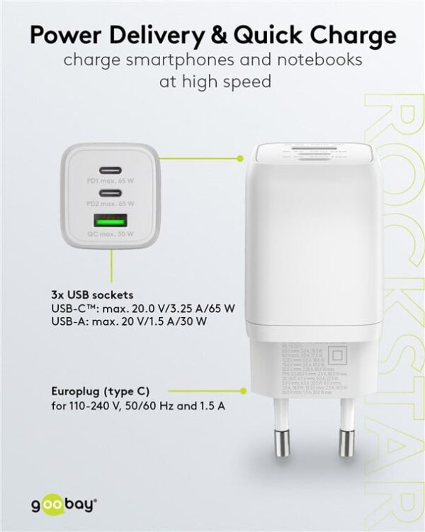 Nano Caricatore Alimentatore GaN 2xUSB-C™ (PD) + USB-A (QC) da Muro 65W Bianco - immagine 9