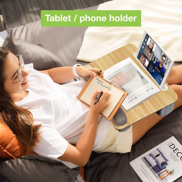 Scrivania Portatile per Laptop Supporto Bambù con Base Imbottita e Stand per Tablet - immagine 9