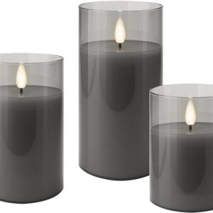Set di 3 Candele a LED in Vera Cera in Vetro con Timer Grigio