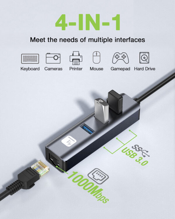 Adattatore Convertitore USB tipo A a RJ45 Gigabit con Hub 3 Porte USB 5 Gbps - immagine 5