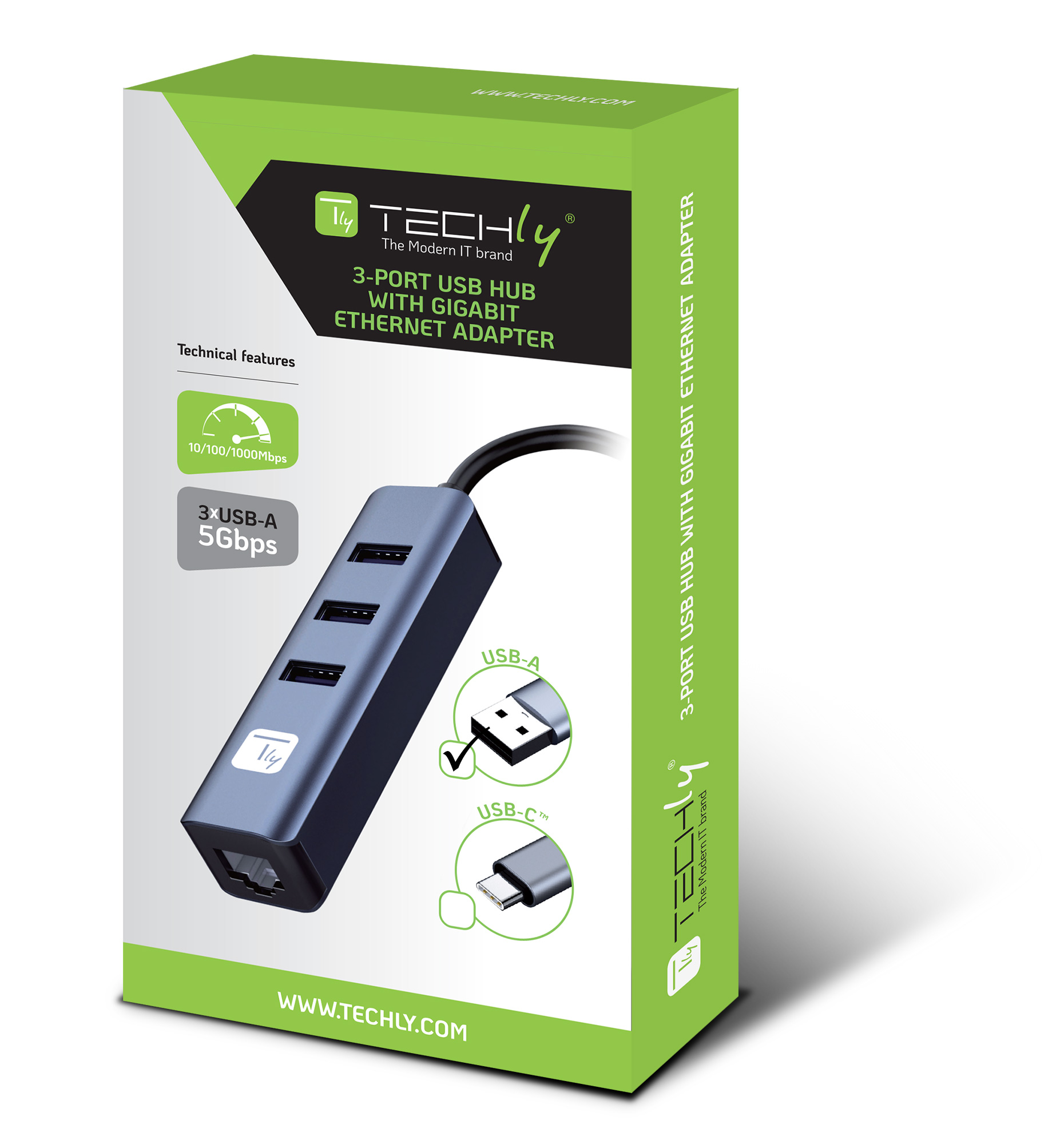 Adattatore Convertitore USB tipo A a RJ45 Gigabit con Hub 3 Porte USB 5 Gbps - immagine 2