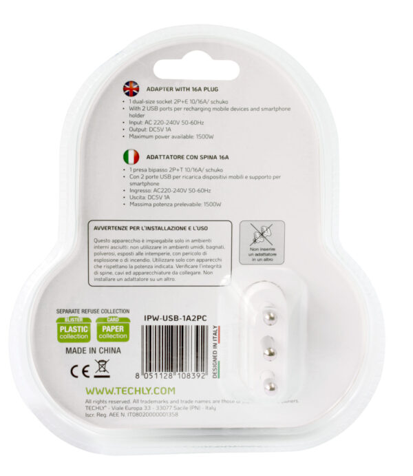 Adattatore Presa bipasso/Schuko 2 USB 1A con porta telefono - immagine 8