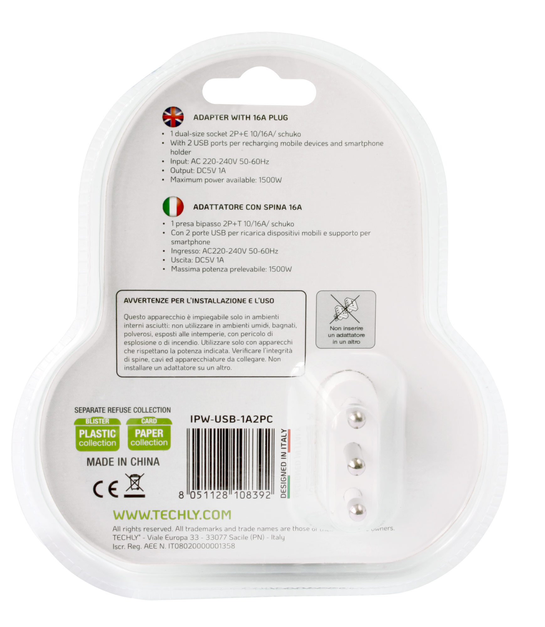 Adattatore Presa bipasso/Schuko 2 USB 1A con porta telefono - immagine 8