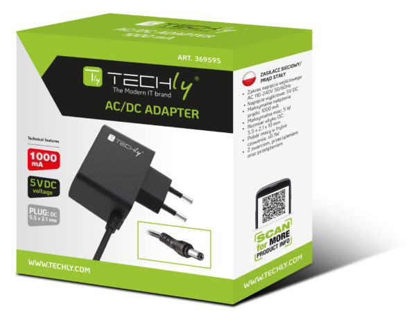 Alimentatore AC/DC 5V 1A Plug 5.5x2.1 mm Slim Nero - immagine 2