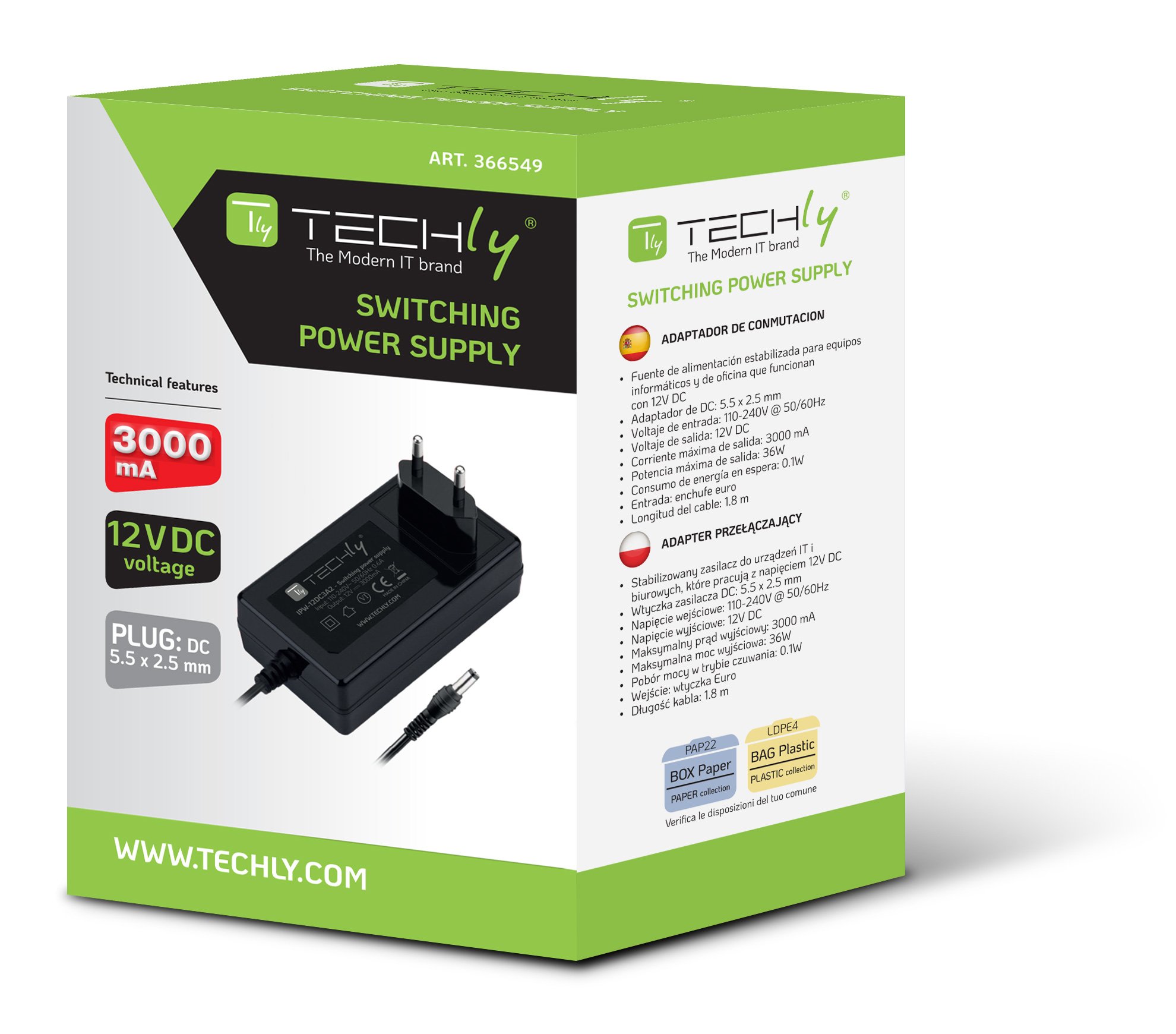 Alimentatore Switching 12V 3000mA Plug 5.5 x 2.5 mm Nero - immagine 2