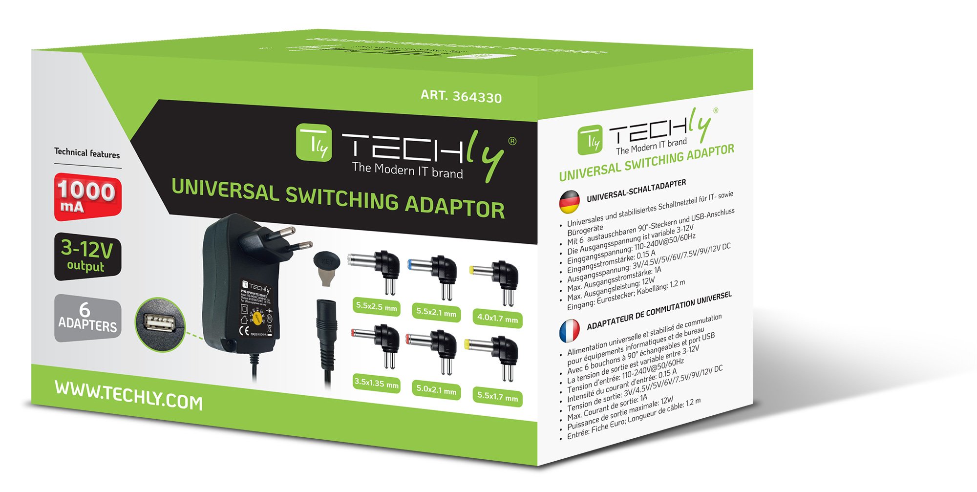 Alimentatore Universale Regolabile 7,2W AC/DC 3V-12V 600 mA con 6 Spine DC Porta USB 1A - immagine 2