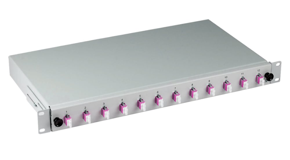 Cassetto Ottico 19'' Assemblato con 12 Bussole e 24 Pigtails LC Duplex Multimodale OM4