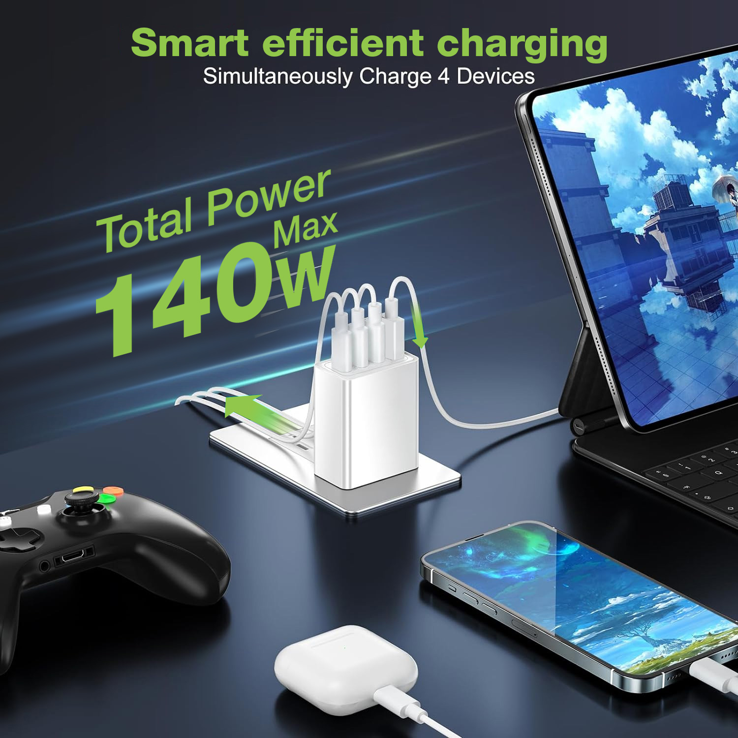 Caricatore Alimentatore GaN 3 porte USB-C™ e 1 USB-A da Muro 140W - immagine 10