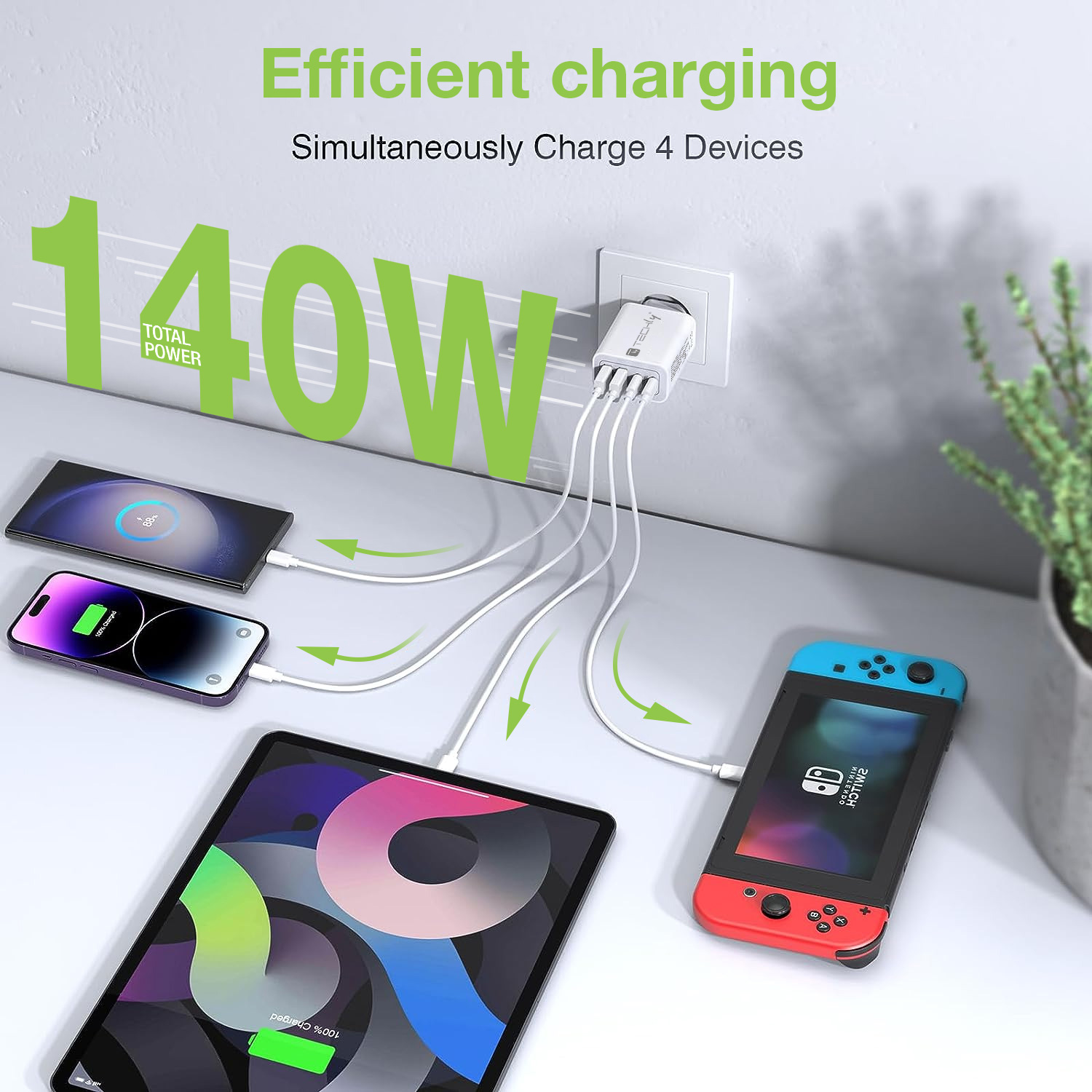 Caricatore Alimentatore GaN 3 porte USB-C™ e 1 USB-A da Muro 140W - immagine 9