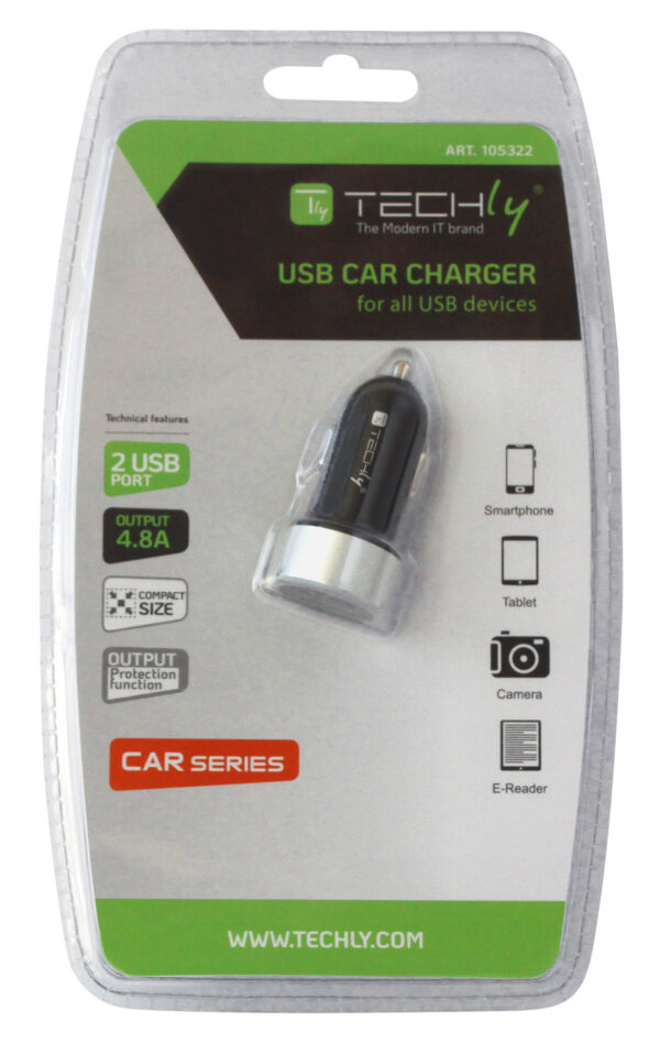 Caricatore da Auto Universale 2 Porte USB con Uscita 4,8A Nero - immagine 2