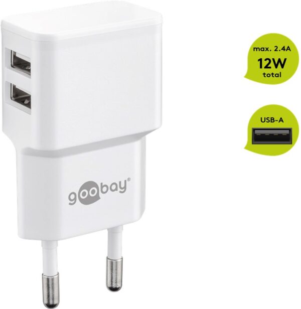 Caricatore da Muro 2 porte USB-A Slim Design 12W Bianco - immagine 3