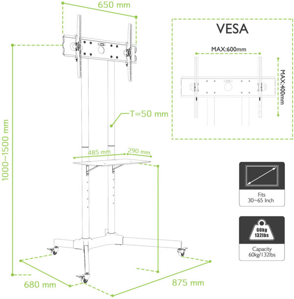 Carrello Supporto Pavimento Porta TV LCD/LED/Plasma 30''-65'' Mensola - immagine 3