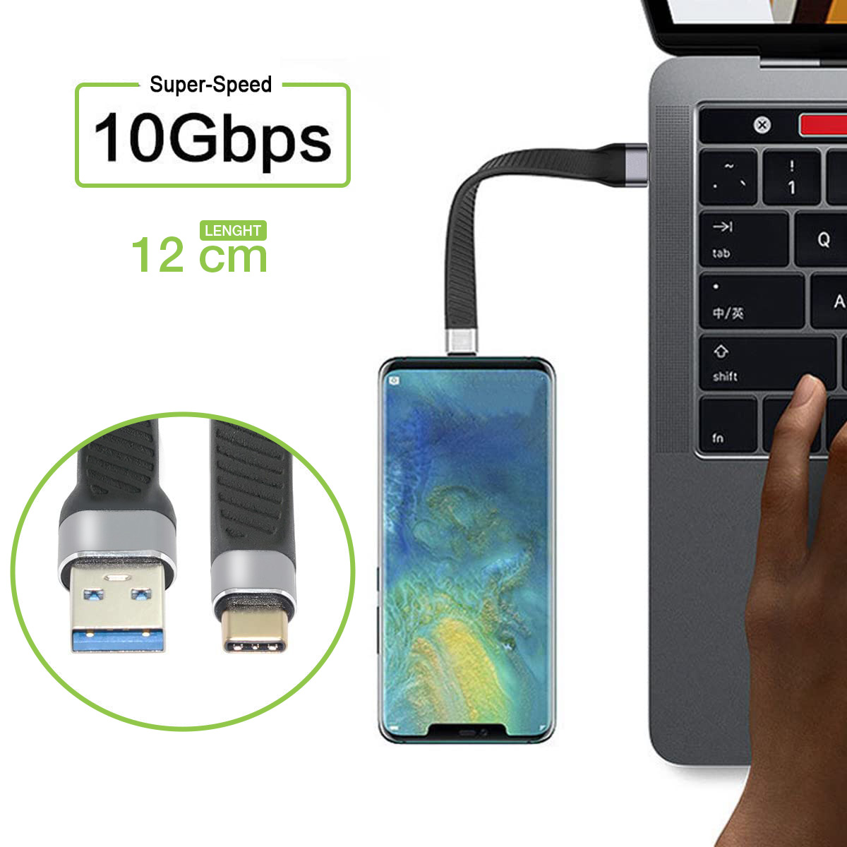 Cavo Corto Piatto USB-C™ Maschio a USB-A Maschio Ricarica Rapida FPC 12 cm - immagine 2