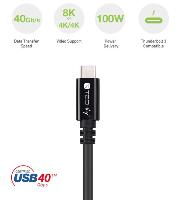 Cavo USB 4 Gen 3 Type-C™ Thunderbolt M/M E-Mark 8K 40Gbps 100W PD 0,8m Nero - immagine 4