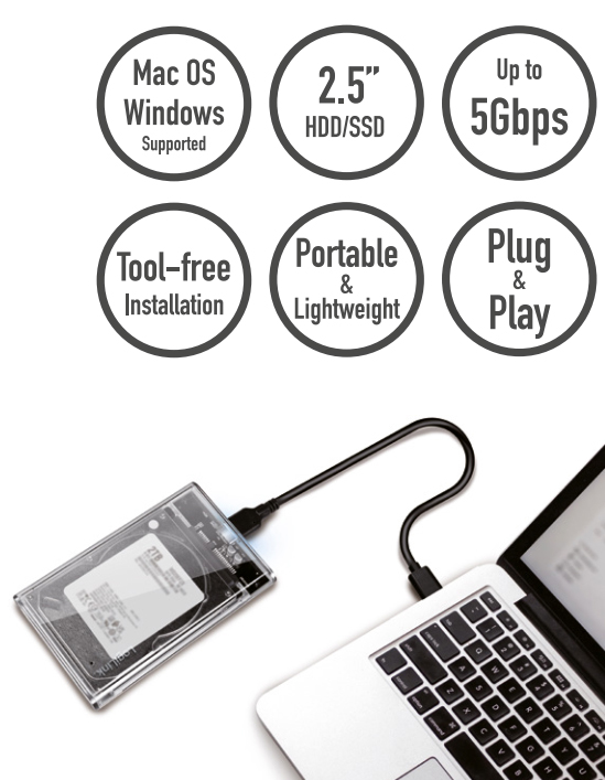 Box HDD/SSD Esterno per Disco Rigido 2.5'' USB 3.0 Trasparente con LED - immagine 3