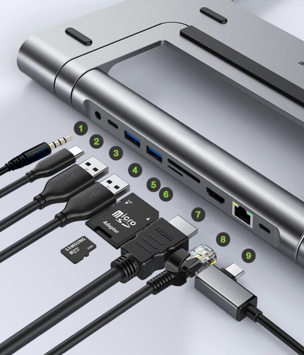 Docking Station USB-C™ 9 in 1 Hub USB3.1 Stand per Notebook Pieghevole - immagine 3