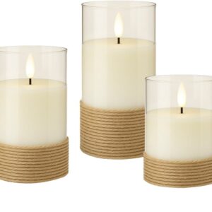 Set di 3 Candele a LED in Vera Cera Bianca in Vetro e Canapa con Timer
