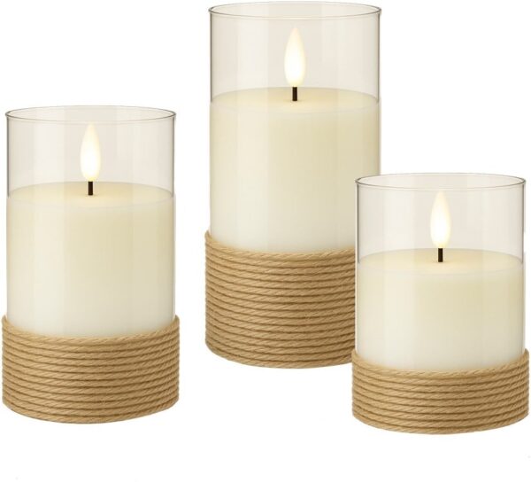 Set di 3 Candele a LED in Vera Cera Bianca in Vetro e Canapa con Timer
