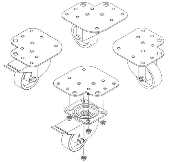 Kit 4 Ruote per Armadi con Piastre per Montaggio Simultaneo Piedini - immagine 4