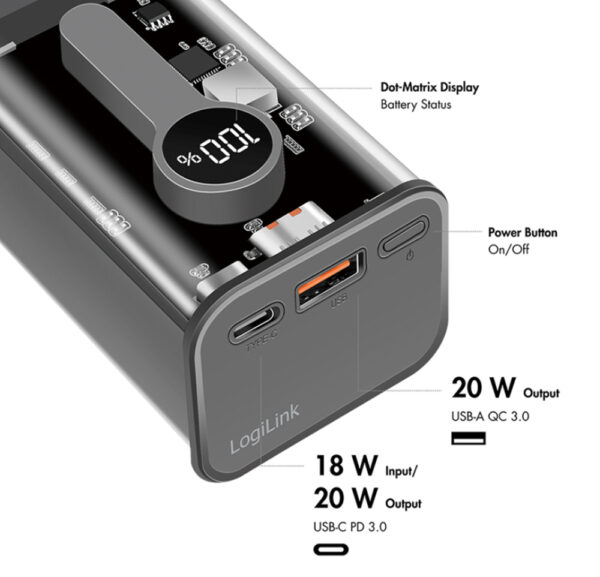 Power Bank 10000 mAh 1x USB-A 1x USB-C™ con Display PD & QC Trasparente - immagine 2