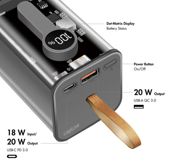 Power Bank 20000 mAh 1x USB-A 1x USB-C™ con Display PD & QC Trasparente - immagine 2