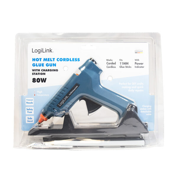 Pistola per Colla a Caldo Wireless, 80W, con supporto, blu - immagine 2