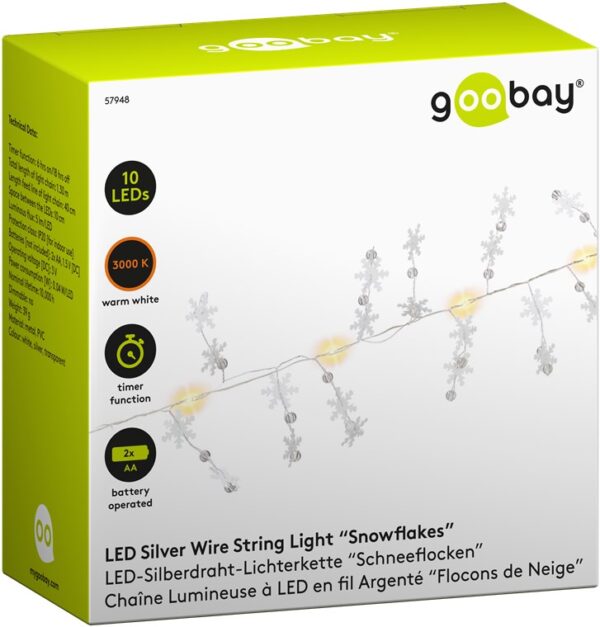 Stringa 10 LED Fiocchi di Neve IP20 Bianco Caldo a Batteria con Timer - immagine 2