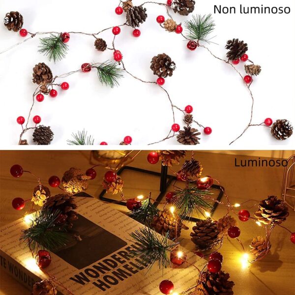 20 Luci LED in Filo d'argento Pigne e Bacche Rosse - immagine 4