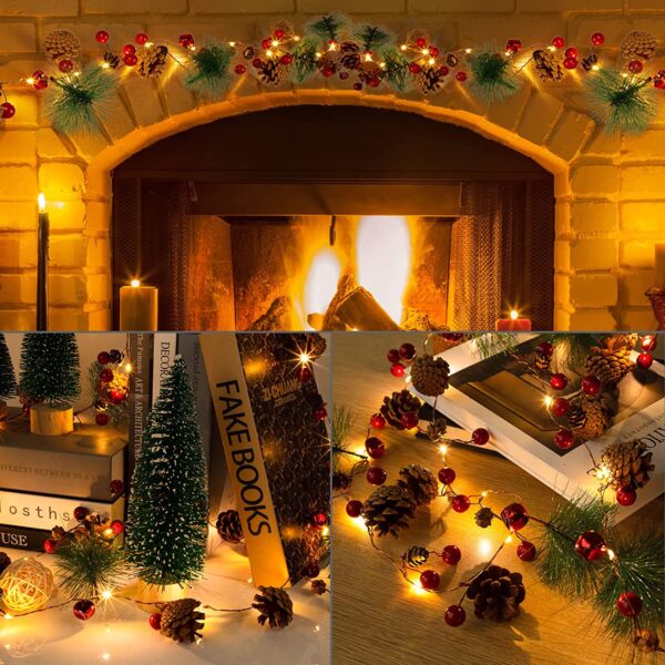 20 Luci LED in Filo d'argento Pigne e Bacche Rosse - immagine 10