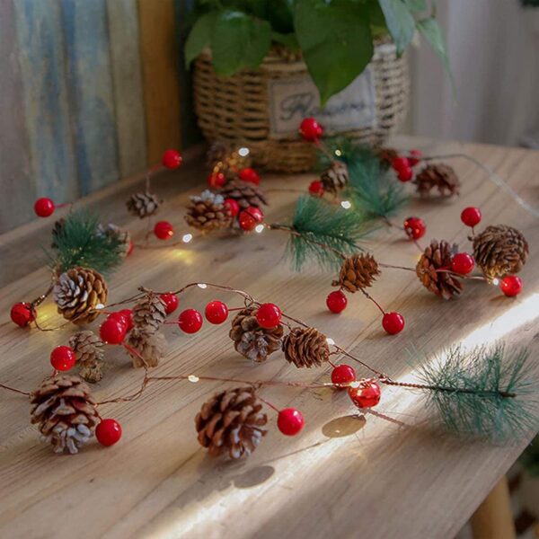 20 Luci LED in Filo d'argento Pigne e Bacche Rosse - immagine 8