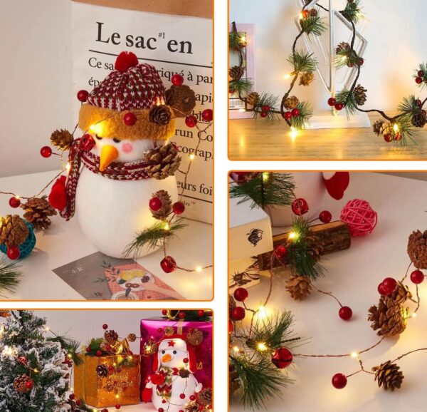 20 Luci LED in Filo d'argento Pigne e Bacche Rosse - immagine 6