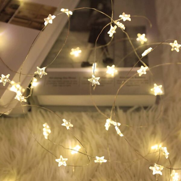 20 Luci LED a Stella con Filo d'argento IP20 Bianco Caldo a Batteria con Timer - immagine 8