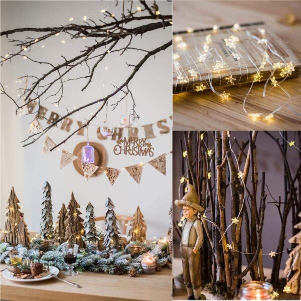 20 Luci LED a Stella con Filo d'argento IP20 Bianco Caldo a Batteria con Timer - immagine 5
