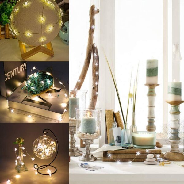 20 Luci LED a Stella con Filo d'argento IP20 Bianco Caldo a Batteria con Timer - immagine 7