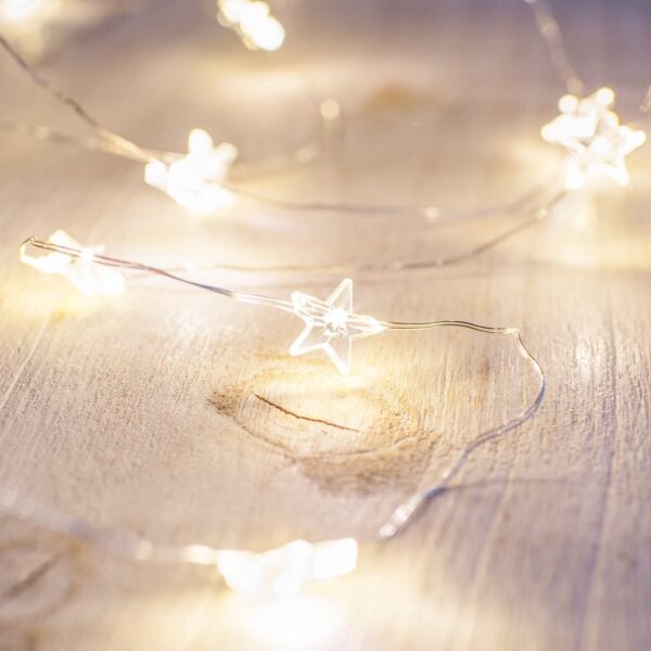 20 Luci LED a Stella con Filo d'argento IP20 Bianco Caldo a Batteria con Timer - immagine 4