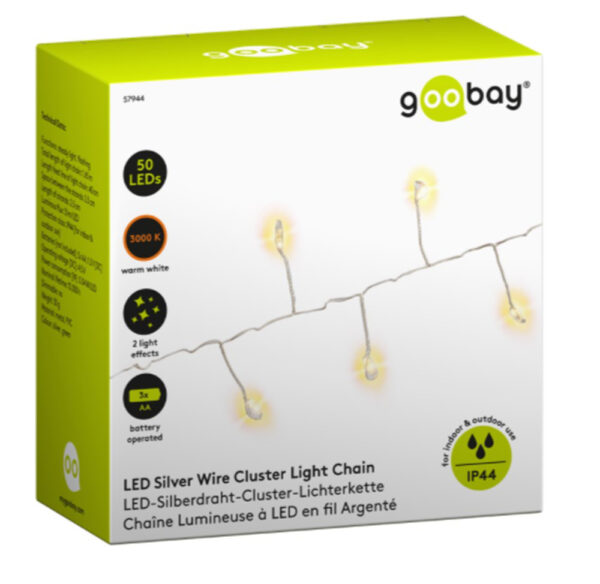 Stringa di 50 Luci LED a Grappolo di Filo d'argento Bianco Caldo IP44 - immagine 2