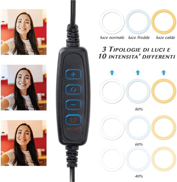 Luce LED Anello 20cm per 1/4'' Regolazione Luminosità Stand Smartphone - immagine 3