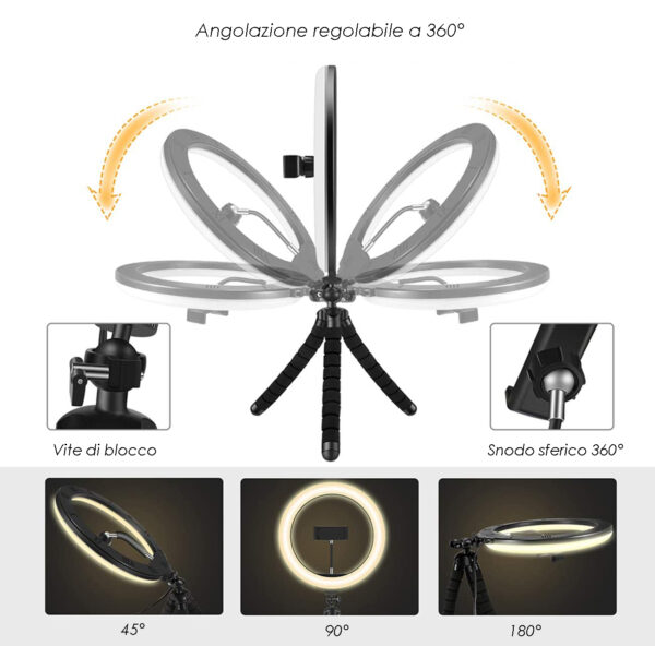 Luce LED Anello 20cm per 1/4'' Regolazione Luminosità Stand Smartphone - immagine 6