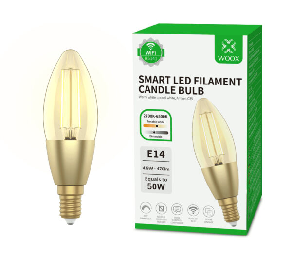 Lampadina Intelligente Candela E14 Ambra Calda 4,9W LED a Filamento Alexa Google Assistant Classe F, R5141 - immagine 2