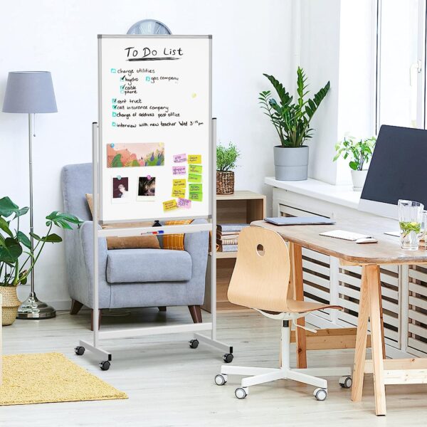 Lavagna Magnetica Bifacciale 60x100 cm con Ruote e Mensola per Pennarelli con Ganci Portablocco - immagine 8