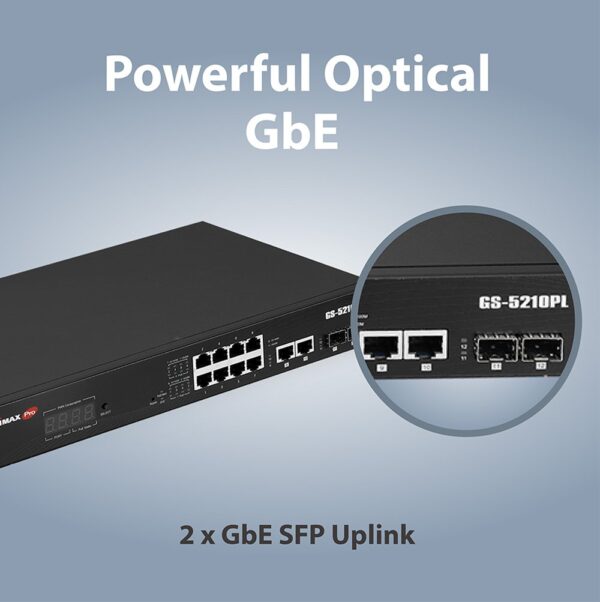Smart Switch Web a Lungo Raggio 12 porte Gigabit PoE+ VLAN con 2 porte Gigabit RJ45 e 2 porte SFP, GS-5210PL - immagine 4