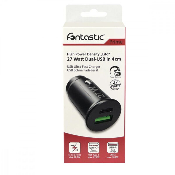 Caricatore da Auto USB A e USB-C™ 27 Watt PD Power Delivery Fast Charge 3 3A Nero - immagine 2