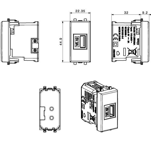 Tekla S44 Caricatore USB-A 3A 240V 1 Modulo Grigio Opaco, 445082USB3A - immagine 2