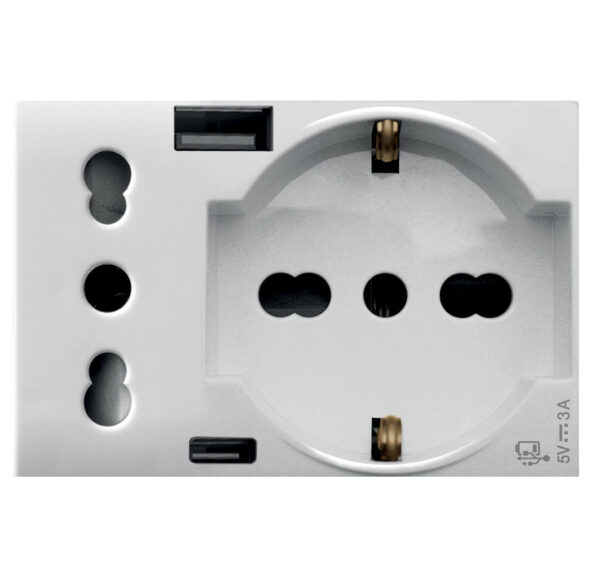 WHITEK S44 Presa Schuko Presa Italiana USB-A e USB-C™ 2P+T 10/16A 250V 3 Moduli Bianco Opaco, 44609015USB