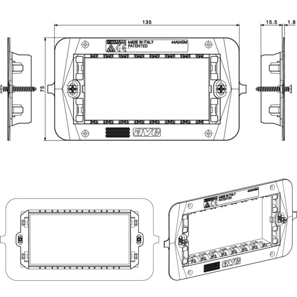 Supporto Smart44 con Viti per Scatole Rettangolari 4 Moduli - immagine 2