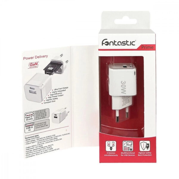 Caricabatterie GaN USB-A e USB-C™ Power Delivery 30W Ricarica Rapida Bianco - immagine 2