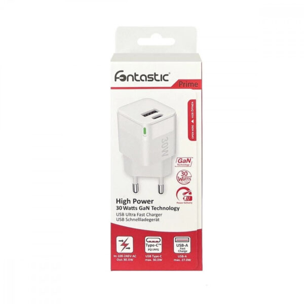 Caricabatterie GaN USB-A e USB-C™ Power Delivery 30W Ricarica Rapida Bianco - immagine 4